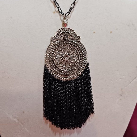 Handmade Black and Dark Silver Tassel Statement Fashion Medallion Necklace - Picture 3 of 8
